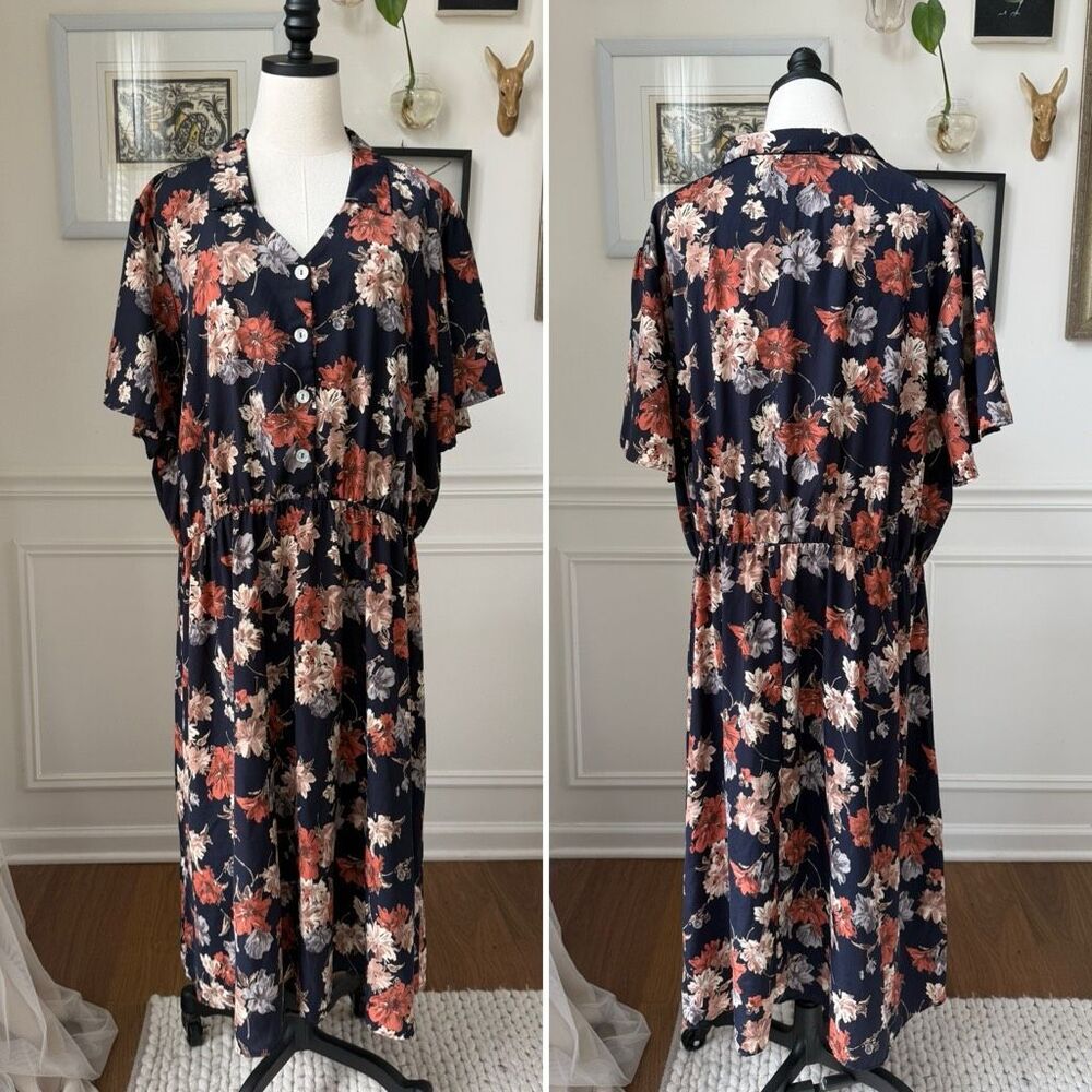 Meri Skye Dark Blue Desert Hue Floral Midi Dress 3X